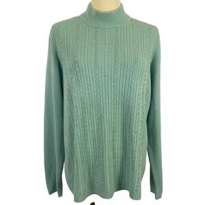 Vintage Y2K XL Icy Baby Blue Iridescent Beaded Cable Knit Mock Neck Sweater